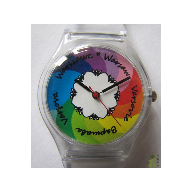 Zegarek warszawski z kolorowymi napisami - przezroczysty